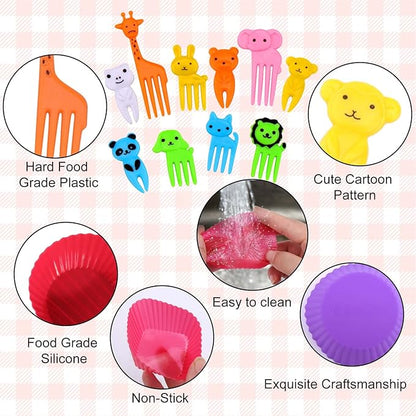XANGNIER 60 Pcs Silicone Lunch Box Dividers with Animal Food Picks,Reusable Lunch Bento Box Accessories for Kids,Lunchbox Supplies Accessories,Back to School Lunch Essentials,Silicone Cupcake Liners