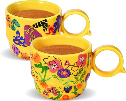 Ceramic Mini Espresso Cups Set of 2 – 3 oz Double Espresso Coffee Cups with Q Handle, Yellolw Floral and fruit Pattern, Small Espresso Shot Cups for Home Coffee Bar,Lungo