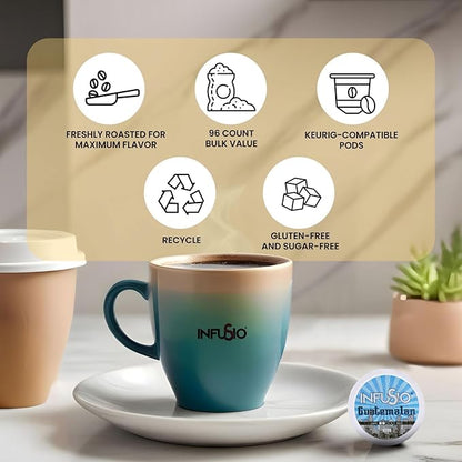 InfuSio Coffee Pods 96 Count Guatemalan Medium Light Roast Single serve Coffee pods for Keurig K Cup® Brewers - InfuSio Premium Roasted Keurig 2.0 Compatible