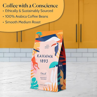 Kahawa 1893 Whole Bean Coffee Medium Roast Decaf Blend 12 Oz - As Seen on Shark Tank, Naturally Sweet, Organically Grown, Ethically & Sustainably Sourced