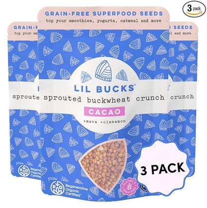 Lil Bucks Sprouted Regeneratively Grown Buckwheat Seeds– Paleo Cereal, Gluten-Free Granola, High in Protein, Low Sugar, Organic Superseed Crunch (CACAO, 3 Pack)