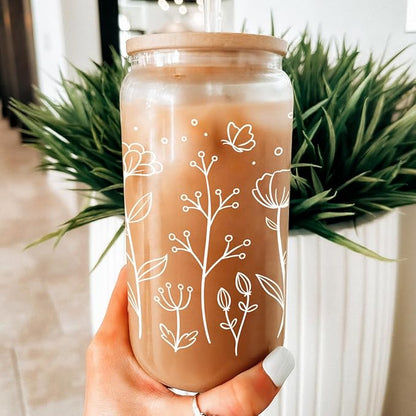 Floral Cup 16 Oz Can Glass with Bamboo Lid and Straw - Flower Glass Cup Gifts for Women - Wildflower Drinking Coffee Gifts
