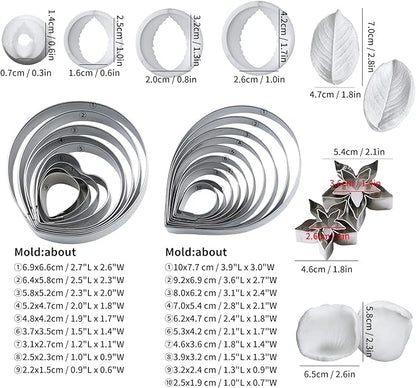 KALAIEN 31Pcs Austin Rose Cutter Set Rose Petals Silicone Fondant Mould Veining Petal Sugar Flower Making Tool
