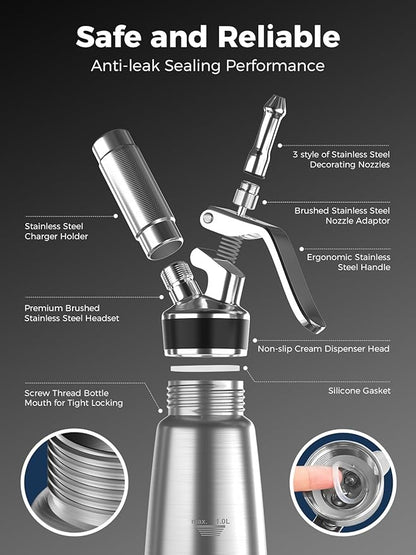 Professional Whipped Cream Dispenser,1L Stainless Steel Cream Whipper with 3 Decorating Nozzles 1Brush 1Storage Bag,Whipped Cream Maker without N2O Charger