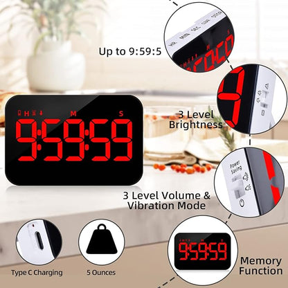Kitchen Digital Timer, Count Down Up, Rechargeable, Vibration Mode Adjustable Volume and Brightness LED Display, Time Management Cook, Desk, Kids Adults Study Teaching, Kitchen Gadgets