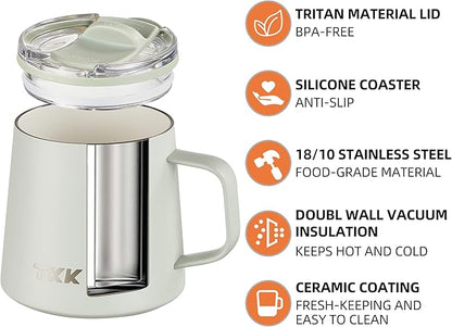 TKK 12 oz Insulated Coffee Mug with Handle Ceramic Coating Detachable Slider Lid Stainless Steel Tumbler Double Wall Vacuum Travel Cup