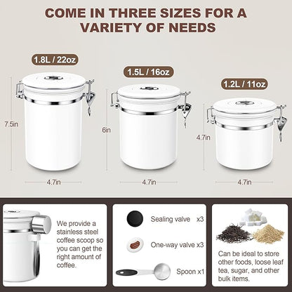 ShanSon Coffee Canister Airtight Coffee Container Stainless Steel Coffee Bean Storage Container with Scoop Coffee Canister for Beans Grounds Sugar Flour Tea Cereal,22OZ, White