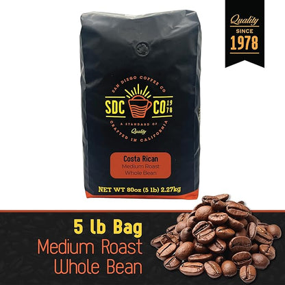 San Diego Coffee Costa Rican, Medium Roast, Whole Bean Coffee, 5-Pound Bag Café en grano tostado