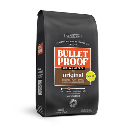 Bulletproof Original Medium Roast Whole Bean Decaf Coffee, 12 Ounces, Coffee Tested for Toxins, Packaging May Vary