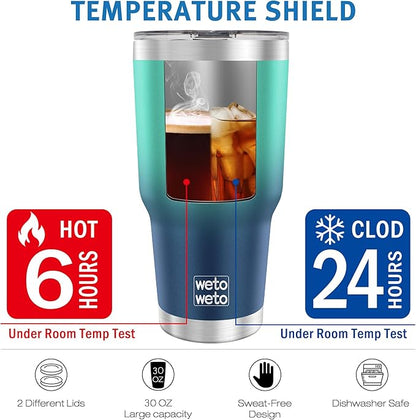 WETOWETO 30 oz Tumbler with 2 Straws and 2 Lids, Stainless Steel Insulated Vacuum Coffee Tumbler Cup, Double Wall Leakproof Travel Mug (Green-Blue Gradient, 1 Pack)