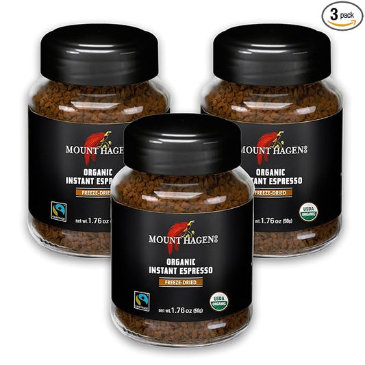 Mount Hagen Instant Espresso Coffee 3 Pack, Eco-friendly Organic Espresso Coffee Made From Medium Roast Arabica Beans, Freeze Dried Instant Coffee, Fair-Trade, Kosher [3x1.76oz/50g Jar]