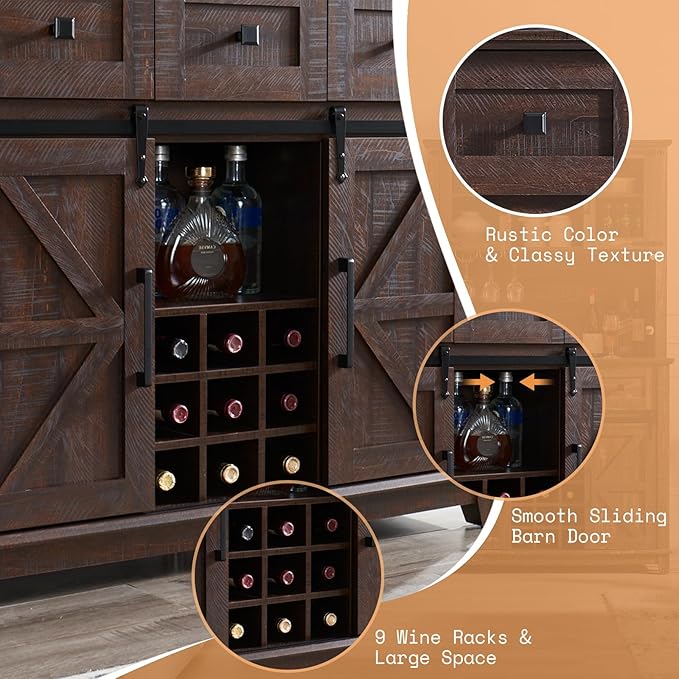 AMERLIFE 72'' Coffee Wine Bar Cabinet with Sliding Barn Door, Farmhouse Kitchen Sideboard, Buffet Storage Table, Wine Glass Racks, 3 Drawers, LED Lights, Tall Hutch Home Bar for Dining Room Brown