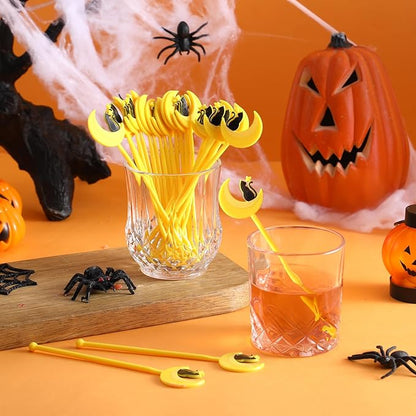 30 Pcs Halloween Swizzle Sticks Plastic Coffee and Cocktail Stirrers Fall Thanksgiving Drink Stirrers Cocktail Mixers for Halloween Fall Autumn Party Tea Coffee Bar Decoration(Moon and Cat)