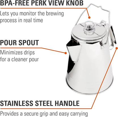 GSI Outdoors Percolator Coffee Pot I Glacier Stainless Steel Ultra-Rugged for Brewing Coffee Over Stove and Fire | Ideal for Group Camping, 8 Cup