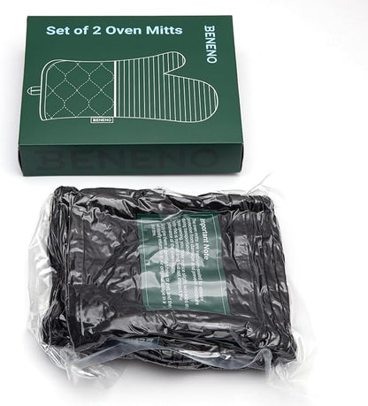 Beneno Kitchen Oven Mitts 2-Pack Heat Resistant to 500°F with Non-Slip Silicone Grip, Extra Long 14.3" Forearm Protection, Soft Quilted Cotton Terry Lining, Ideal for Cooking, Baking, Grilling, Black