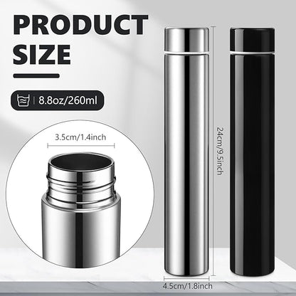 Vesici Slim Water Bottle 8.8 oz Small Stainless Steel Purse Compact Insulated Water Bottles Camping Travel Backpack Pocket Flask for Car Cold Coffee Tea(Silver, Black,2 Pack)