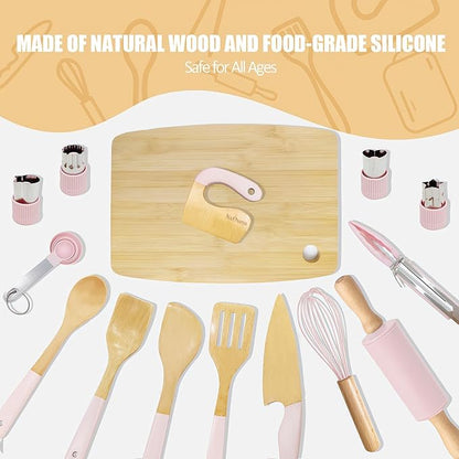 Wooden Cooking & Baking Set for Real Cooking, 32PCS Mini Knife Set Safe Montessori Kitchen Tools, Kitchen Knifes/Cutting Board/Apron with Storage Bag, Baking Utensils Christmas Gift for Little Chef