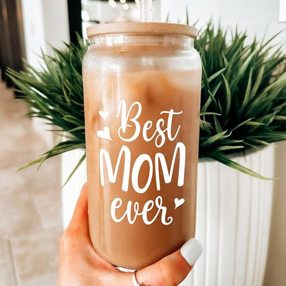 Gifts for Mom from Daughter Son - Mom 16 Oz Can Glass Coffee Cup with Bamboo Lid & Straw - Mothers Gift for Women on Birthday Mothers Day Valentines