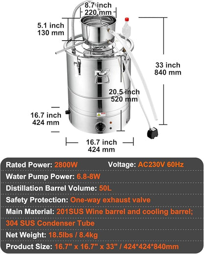 VEVOR Electric Alcohol Still 13Gal/50L,230V/60Hz, Alcohol Distiller, Distillery Kit for Alcohol include Pump & One-way Exhaust Valve & Thermometer