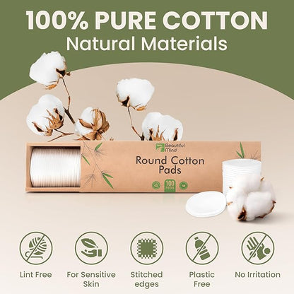 Cotton Round Pads for Face 100 Pack - 3 Layer Eye Makeup and Nail Polish Remover - Lint Free Cleansing Circle Pad for Facial Exfoliating, Toner - Travel Size Skin Care Rounds