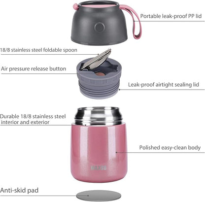 Insulated Food Jar for Hot & Cold Food for Kids Adult,17 oz Soup Thermo Hot Food Containers for Lunch, Triple Layer Insulation Stainless Steel Food Jar with Spoon (Pink)