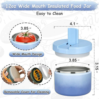 12oz Insulated Vacuum Food Jar with Buckle Lid Wide Mouth Soup Thermo for Hot Food Kids Leakproof Stainless Steel Lunch Container (Gradient Blue, 12OZ)