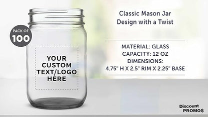 DISCOUNT PROMOS Custom Decorating Mason Jars 12 oz. Set of 100, Personalized Bulk Pack - Glass Jars for Overnight Oats, Candies, Fruits, Pickles, Spices, Beverages - Black