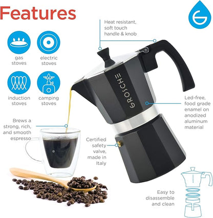 GROSCHE Milano Stovetop Espresso Maker Moka Pot Cuban Coffee Maker Stovetop Coffee Maker Moka Italian Greca Brewer Percolator | 6 Espresso Cup, Black