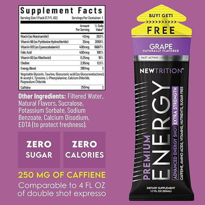 NewTrition® Extra Strength Energy Shots, 250mg Caffeine Energy Shots with Vitamin B & Amino Acids, Sugar-Free Vitamin Energy Shot, 1.7 fl oz (Pack of 12, Grape)