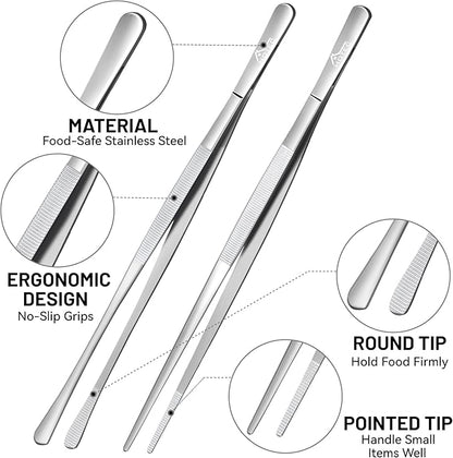 HOTEC Kitchen Tweezers Tongs Stainless Steel, Set of 4-10" and 12inch Extra-Long Food Tweezers Fine Kitchen Tongs for Cooking,Grill and Baking