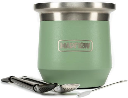 MADFLOW Yerba Mate Cup. Stainless Steel Mate Cup with 2 Bombillas. Double Wall Vacuum Insulated Yerba Mate Gourd. Unique Gourd And Bombilla Set