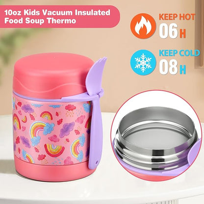 Bento Lunch Box Set With 10oz Soup Thermo, Leak-proof Lunch Containers with 4 Compartment, Kids Hot Thermo Food Jar/Insulation Lunch Bag, Food Containers for School（Rainbow）