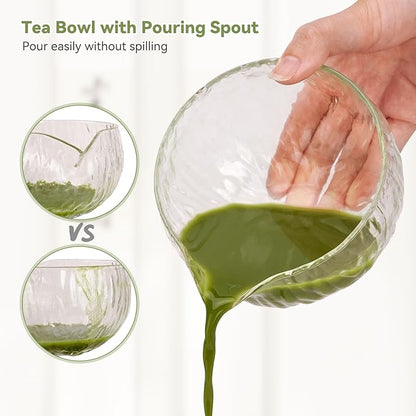 10-Pcs Matcha Kit Set, Whisk and Bowl with Spout & Measuring Spoon, Japanese Matcha Tea Making Tools, Transparent Textured Glass