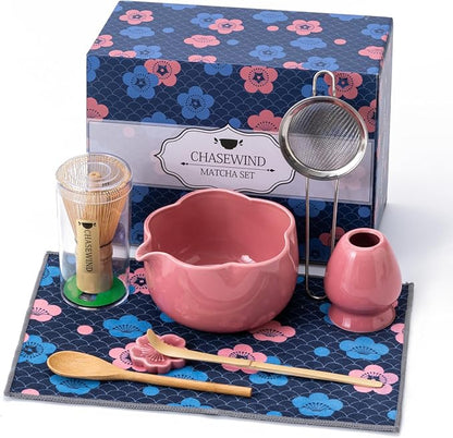 Matcha Set, 8Pcs Floral Ceramic Matcha Set with Matcha Whisk, Holder, Scoop, Scoop Rest, Sifter, Spoon and Tea Towel - Thoughtful Matcha Whisk Set Gift for Matcha Lovers (Pink)