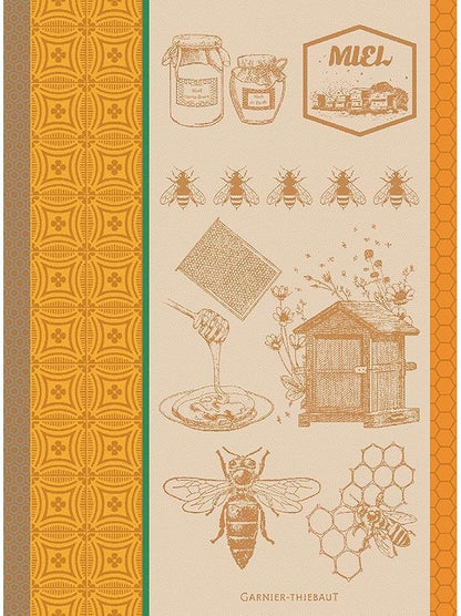 Garnier Thiebaut Miel Et Abeilles Ocre (Honey and Bees) French Kitchen Towel 22"x30", Cotton, Jacquard