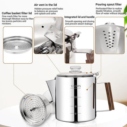No Coating 12 Cup Percolator Coffee Pot 304 Stainless Steel Moka Pot Stovetop Espresso Maker Italian Greca Cuban Machine 2200ml 74.4oz Suitable for Gas Induction Stovetop Camping Kettle