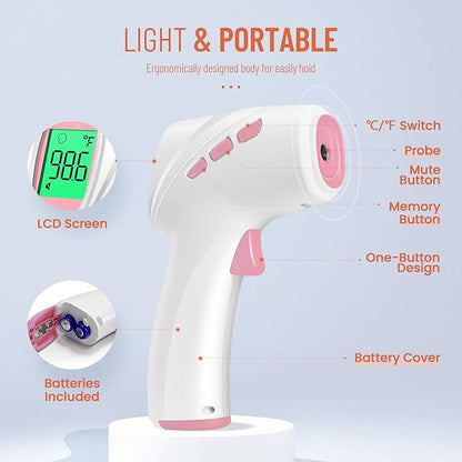 Forehead Thermometer for Adults, Kids & Babies, No-Touch Digital Thermometer with LCD Backlight Display, FSA HSA Eligible, Fever Alarm and 1s Instant Reading - Pink