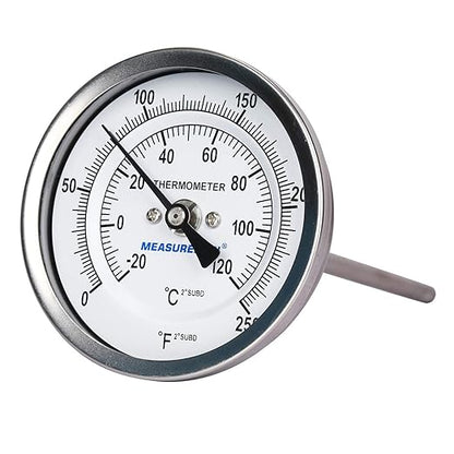 MEASUREMAN Fully Stainless Steel Pot, Kettle, Brewing Bimetal Dial Thermometer, 3" Dial, 6" Stem, 0-250 deg F/-20-120 deg C, -1% Accuracy, Adjustable, 1/2" NPT Back Mount