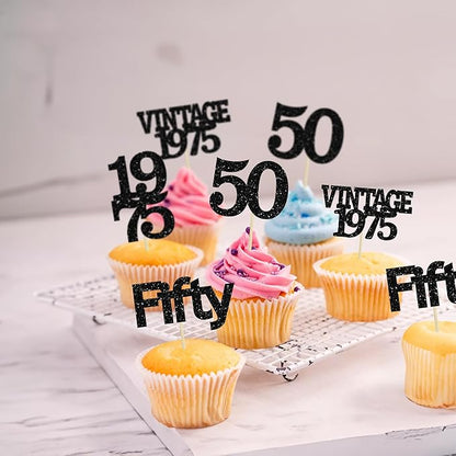Gyufise 24Pcs Vintage 1975 Cupcake Toppers Cheers to 50 Fabulous Fifty Cupcake Picks 50th Birthday Wedding Anniversary Party Cake Decorations Supplies Black