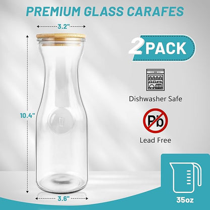 Glass Carafe with Bamboo Lid,35 Oz Beverage Dispensers Carafe,Mimosa Bar Supplies,Juice Bottles, Clear Glass Pitcher with Name Labels for Iced Tea,Coffee,Juice(Pack of 2)