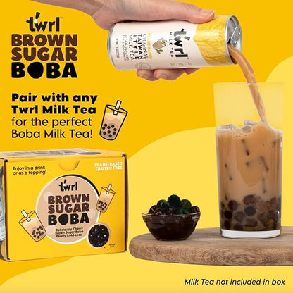 Twrl Brown Sugar Boba Bubble Tea Topping - Taiwanese Boba Pearls, Cafe-Style Tapioca Topping, Instant - Perfect for Milk Tea and Coffee, Gluten-Free, Plant-Based - Pack of 3 Single Servings & 3 Boba Straws