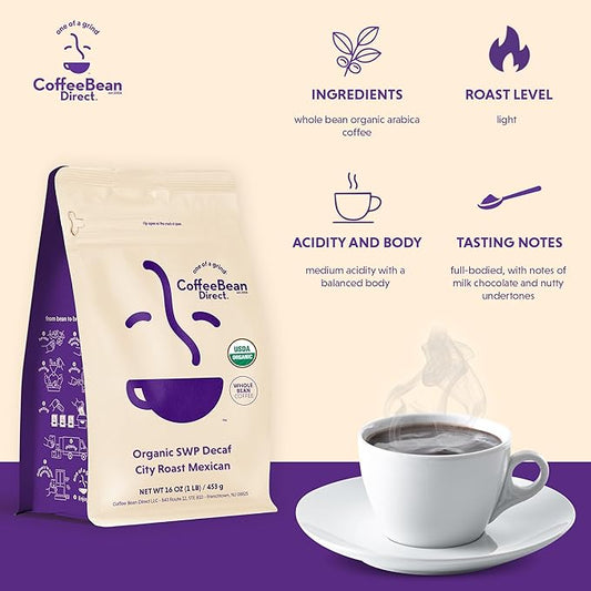 Coffee Bean Direct Organic Swiss Water Process Mexican Chiapas, Whole Bean Coffee, City Roast, 1 Pound Bag (Pack of 1)