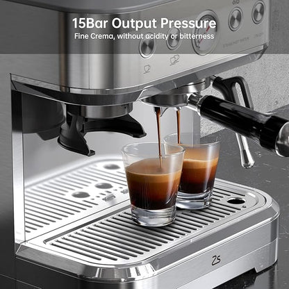 15 Bar Express Espresso Machine with Built-in Grinder,Stainless Steel Semi Automatic Espresso Maker,Dual PID Control, 80oz Water Tank,Heating, Milk Frother & Auto-Cleaning,for Lattes and Cappuccinos
