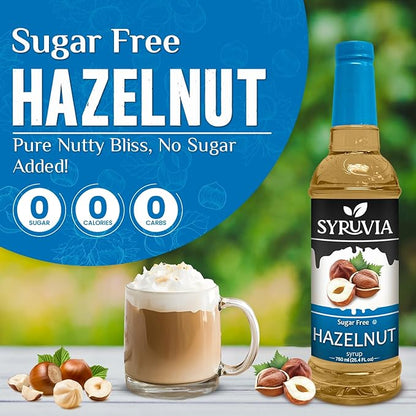 Syruvia Sugar Free Coffee Syrup, Hazelnut Flavored Syrup for Drinks, Lattes, and Desserts – 25.4 fl oz, With Pump
