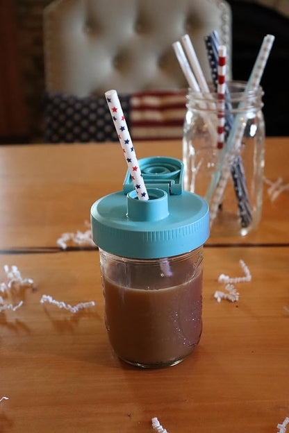 Brewing America Creamer Jar with Pouring Lid, 1 Pint (16 oz) Azure Mason Jar with Teal Wide Mouth Pour Lid for Milk, Sugar, and Cream, 1-Pack (Teal)