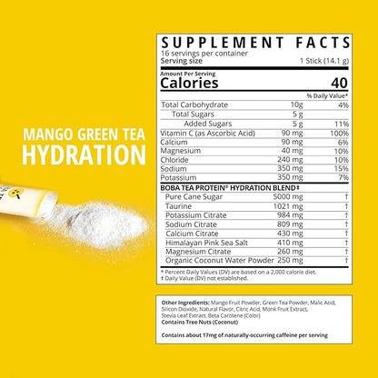 Boba Tea Hydration | Electrolyte Powder Drink Mix | Mango Green Tea | 1000mg Electrolytes, Vitamin C | 16 Stick Packets