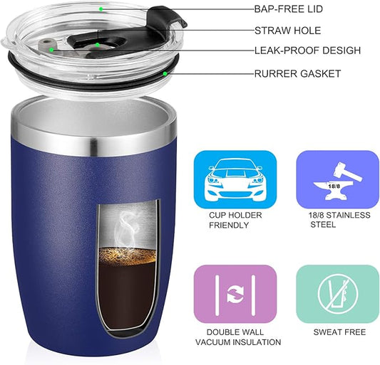 VEGOND Stainless Steel 12 oz Tumblers bulk Vacuum Insulated Double Wall Travel Tumbler with Lid and Straw Reusable Tumbler,Navy Blue 12 pack
