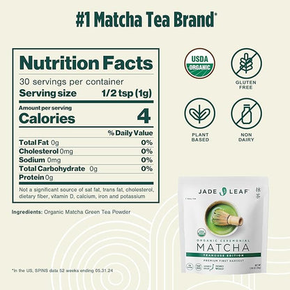 Jade Leaf Matcha Organic Premium Ceremonial Grade Matcha Green Tea Powder - Japanese - Culinary, Ingredient, Ceremonial Barista Teahouse, Latte, Collagen, 1.06 Ounce (Pack of 1), Ceremonial Teahouse