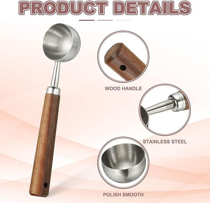 uxcell 2pcs Coffee Measuring Spoon, 4" x 0.7" 15ml Stainless Steel Coffee Scoop with Wood Handle for Ground Coffee or Loose Leaf Tea Silver