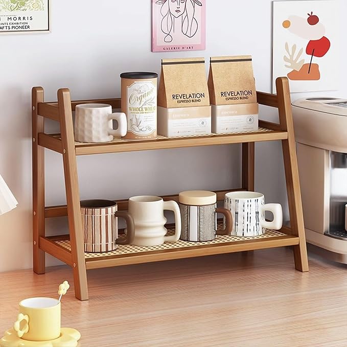 Wicker-Look Coffee Station Organizer, Bamboo Mug Holder Countertop, Kitchen Counter Shelf for Tea Coffee Bar Accessories, Matcha Stand, Cup Display, Condiment Storage Rack, 2 Tier, Brown